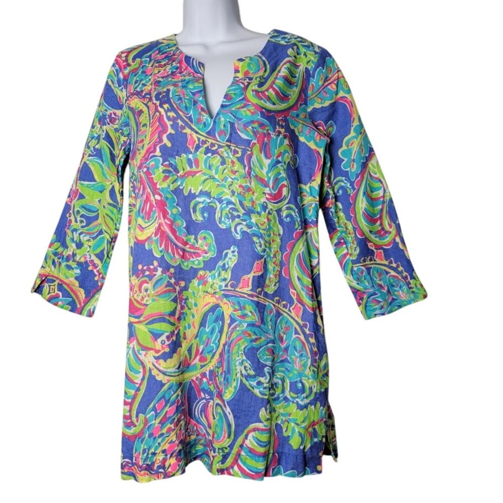 Lilly Pulitzer Dress Small Linen 3/4 Sleeve Blue Pink Paisley Print Tunic Dress - Picture 1 of 9